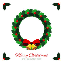 Christmas wreath with holly berries, bow and bells