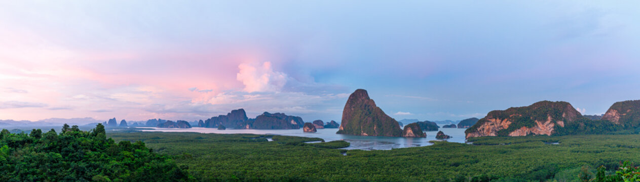 Samet Nangshe viewpoint mountain landscape Phang Nga bay Phuket Thailand at sunset