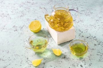 healthy tea made from linden flowers with lemon and honey. home therapy for colds and flu