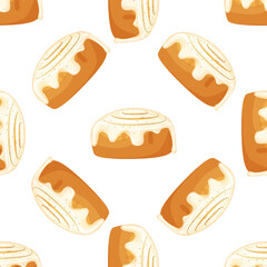 Seamless pattern. Bun with cinnamon. Freshly baked sweet cake. Baked pastry item. Flat vector illustration on white background.
