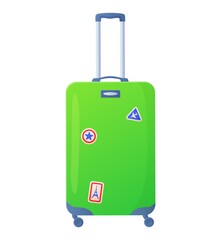 Green plastic suitcase with wheels. Travel, tourism, journey, passenger luggage concept. Stock vector illustration in realistic cartoon style isolated on white background