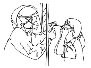 Vector of a doctor performing a nasal swab laboratory test in hospital lab. Freehand drawings.