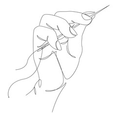 Silhouettes of a human hand that sews with a needle and thread in a modern style of one line. Continuous line drawing, outline for decor, posters, wall art, stickers, logo. Vector illustration.