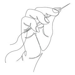 Silhouettes of a human hand that sews with a needle and thread in a modern style of one line. Continuous line drawing, outline for decor, posters, wall art, stickers, logo. Vector illustration.