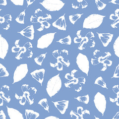 Vector seamless pattern with hand-drawn flowers and leaves on blue tender background.
