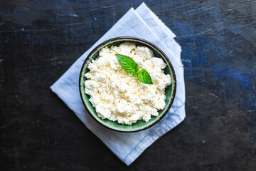 cottage cheese goat or sheep milk on the table healthy food meal copy space food background rustic top view keto or paleo diet