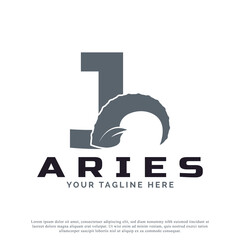 Initial Letter J with Goat Ram Sheep Horn for Aries Logo Design Inspiration. Animal Logo Element Template