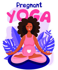 Young beautiful pregnant african american black woman sitting in lotus with purple tropical monstera leaves on the background. Yoga concept vector illustration.