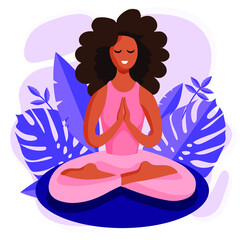 Young beautiful african american black woman sitting in lotus with purple tropical monstera leaves on the background. Yoga concept vector illustration.