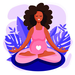 Young beautiful pregnant african american black woman sitting in lotus with purple tropical monstera leaves on the background. Yoga concept vector illustration.