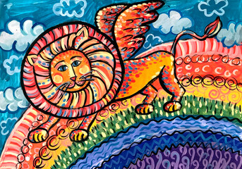 Drawing of a lion with wings on a rainbow.