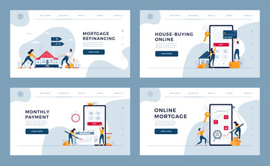 Mortgage concepts set for landing, homepage. House-buying, monthly payment, online loan contract signing, mortgage refinancing. Collection of web page templates for web design.Flat vector illustration