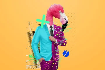 Foto op Plexiglas Modern design, a human body in a bright business suit with a flamingo head, confidence. Bright trendy colors, shocking art, style for a magazine, fashionable web design. copy the space. © Aliaksandr Marko