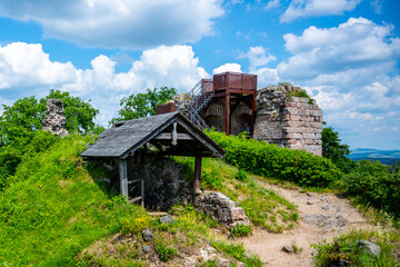 Fototapeta na wymiar Wooden lookout platform on Kumburk Castle Ruins near Nova Paka, Czech Republic