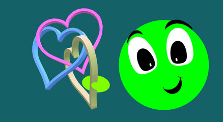 Passion. Banner of MUCH LOVE, three hearts. Virtual feeling. Relationship and affection. Emotion, green doll with expression. Nice personage sending love in the distance. 