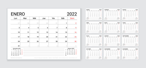 2022 Spanish calendar. Planner template. Table calender layout. Vector. Week starts Monday. Schedule grid with 12 month. Yearly stationery organizer. Horizontal monthly diary. Simple illustration.