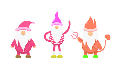 Set Abstract Collection Cute Flat Cartoon Different Character Gnomes With Long Legs Devil With A Trident Vector Design Style Elements