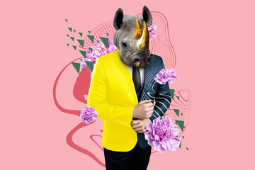 Modern design, A body in a business multi-colored suit with a rhinoceros head, personality,...