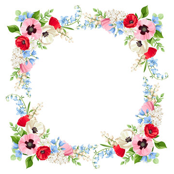 Vector floral frame with red, pink, blue and white poppy, bluebell, lilac and lily-of-the-valley flowers.