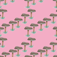 Mushroom seamless pattern on pink background