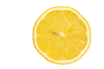 Juicy yellow textured lemon slice close-up on white isolated