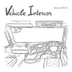 Interior of the truck cab. Freehand vector illustration