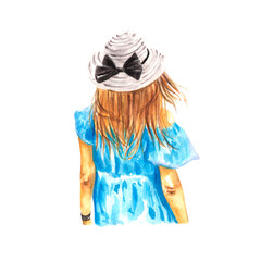 Watercolor illustration of tanned fashion girl in a straw hat with black bow and blue dress. Romantic illustration perfect for wedding cards, summer design, instagram blog, travel design, hotel flyers