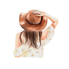 Watercolor illustration of sunbathing girl in beach hat in blouse. Beach T-shirt print. For fashion poster, travel design, postcards, pool party invitations, stickers, fashion magazines, stationery 
