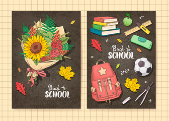 Set of vertical school poster or banner with hand drawn school elements. Vector illustration