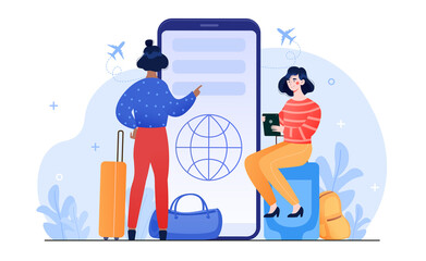 Two female characters are booking trip on smartphone together. Women with luggage book travel on smartphone. Trip planning. Concept of online reservation of tickets. Flat cartoon vector illustration