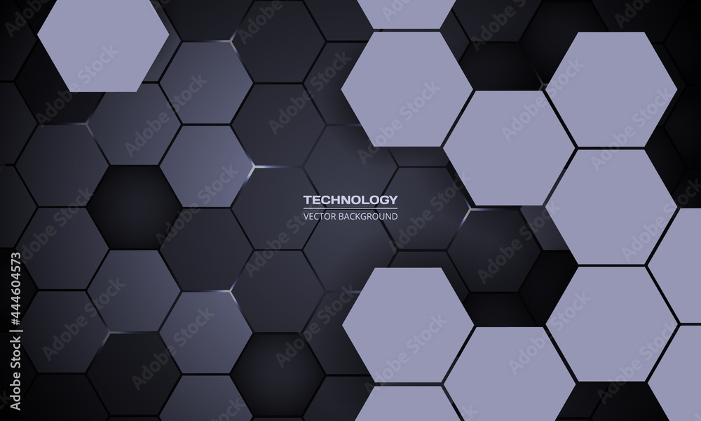 Aufkleber Dark gray hexagonal technology abstract 3D vector background. White bright energy flashes under hexagon in futuristic modern technology vector illustration. Dark gray honeycomb texture grid background