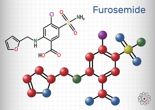 Furosemide, Frusemide molecule. Diuretic drug, is used to treat hypertension and edema. Structural chemical formula and molecule model. Sheet of paper in a cage