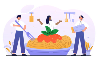 Smiling male and female cooks are making spaghetti for dinner together. Group of cooks is making traditional pasta on restaurant kitchen. Italian cuisine. Flat cartoon vector illustration