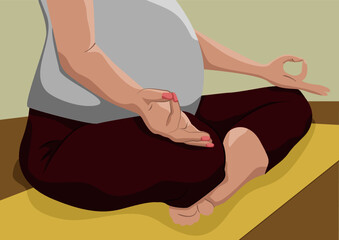 Biała kobieta w ciąży medytująca w pozycji lotosu. Troska o zdrowie w ciąży, zdrowy ruch, oddech, relaks. Przygotowanie do porodu. Wektorowa ilustracja. - obrazy, fototapety, plakaty