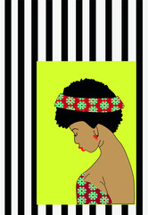Beautiful African girl with dark skin in a dress with a floral print and a bandage on her head. The young girl, pensive and modest, bowed her head. Profile.Vector illustration