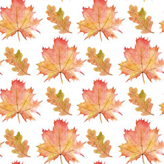 Seamless Watercolor Pattern with Dry Autumn maple and oak Leaves. Seasonal Fallen colorful plants. Hand drawn illustration on white background