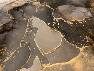 Abstract grey background with gold — beautiful smudges and stains made with alcohol ink and golden paint. Fragment of art with black and white texture resembles marble, watercolor or aquarelle.

