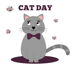 International Cat Day. Cute gray cat. Flat vector illustration