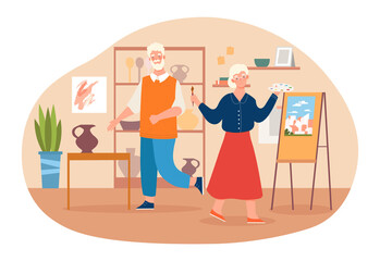 Elderly couple is participating in painting and pottery class together. Concept of old people living full life and attending art class for seniors. Flat cartoon vector illustration