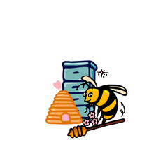 Obraz premium Collection with bees honeycomb beehive and flowers