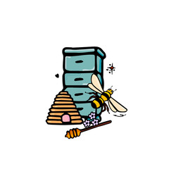 Set with bees honeycomb beehive and blue flowers