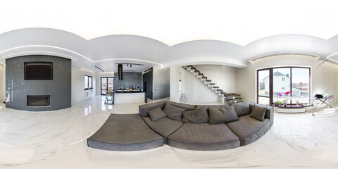 Fototapeta na wymiar Full spherical seamless hdri panorama 360 degrees view in interior of guest room in apartment with sofa tv and stairs in equirectangular projection, VR content