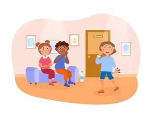 Little terrified children are sitting in waiting room in hospital. Sick kids sitting on chairs and waiting for doctor examination. Concept of medicine for children. Flat cartoon vector illustration