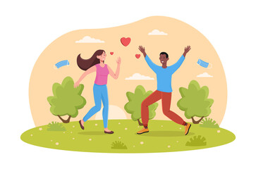 Obraz na płótnie Canvas Young couple in love is running in park together. Concept of romantic date with outdoor activity. Man and woman in love in park at sunset. Flat cartoon vector illustration