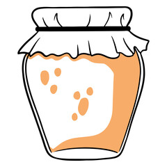 Jam in a glass jar with a decorated lid. Homemade jam. Line style.