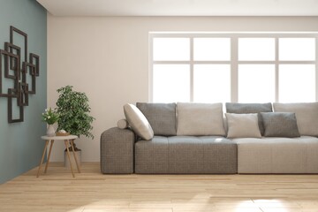 White living room with sofa. Scandinavian interior design. 3D illustration