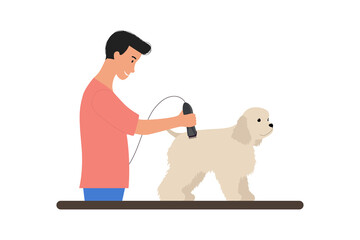 Man with trimmer grooming cute white puppy. Scene with caring of pet, cutting fur. American cocker spaniel dog. Beauty salon for domestic animals. Flat Vector illustration isolated on white background