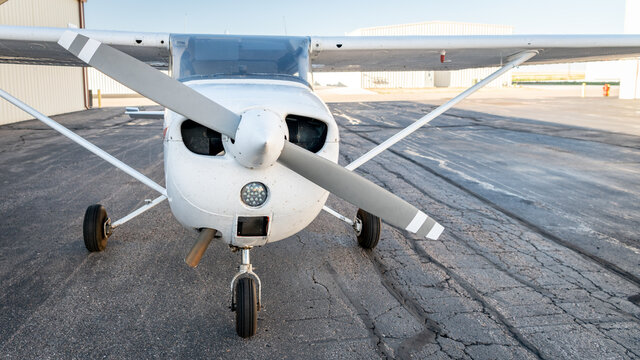 Closeup of a small airplane at a local hanger