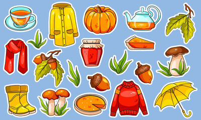 Autumn set. Large collection of autumn items Stickers.