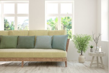 White living room with sofa and summer landscape in window. Scandinavian interior design. 3D illustration